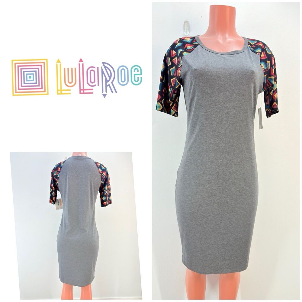 LuLaRoe Julia Dress Bodycon M Gray Blue Stretch Knee Length Comfy Soft
